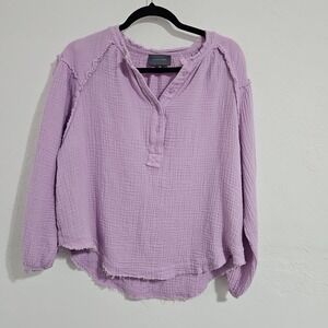 Women's Hudson Gray Long Sleeve Gauze Top Blouse Purple Size Med Half Button